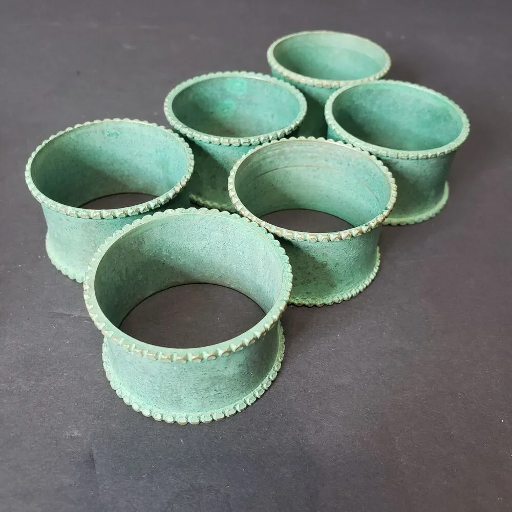 Set of 6 Rustic Green Verdigris Copper Napkin Rings Holders Coastal Table Decor